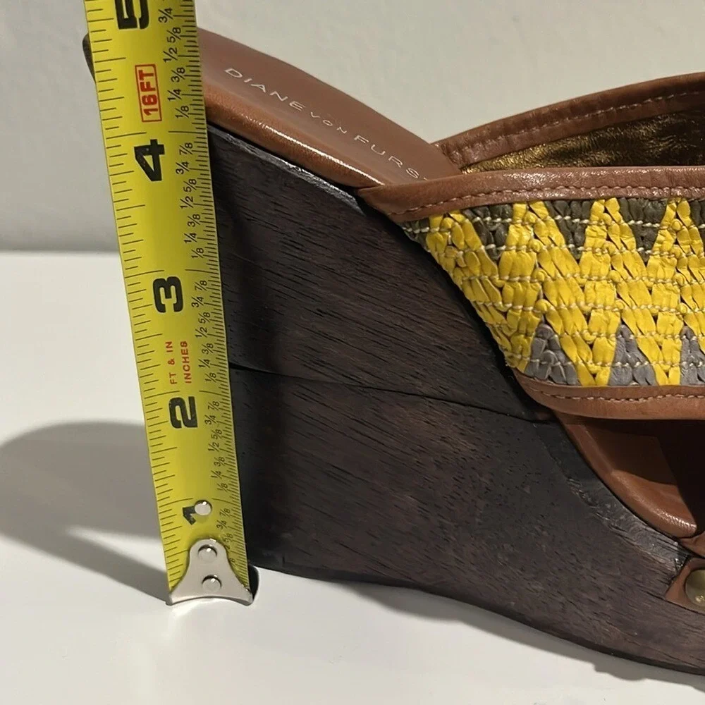 Diane Von Furstenberg Yellow‎ Woven Strap Platform Wood Wedge Sandals Sz 5.5